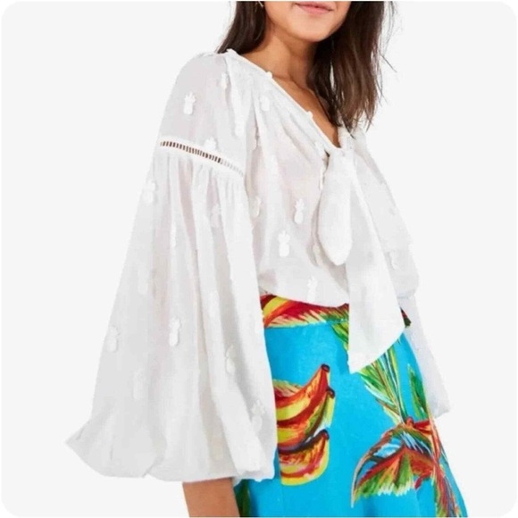 FARM RIO White Pineapple Embroidered Long Sleeve Boho Blouse Cotton Size Small - Picture 1 of 12